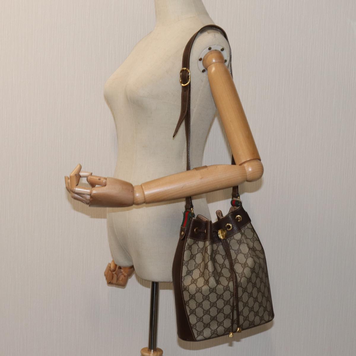 GUCCI GG Supreme Web Sherry Line Shoulder Bag PVC Beige 164 02 034 71812