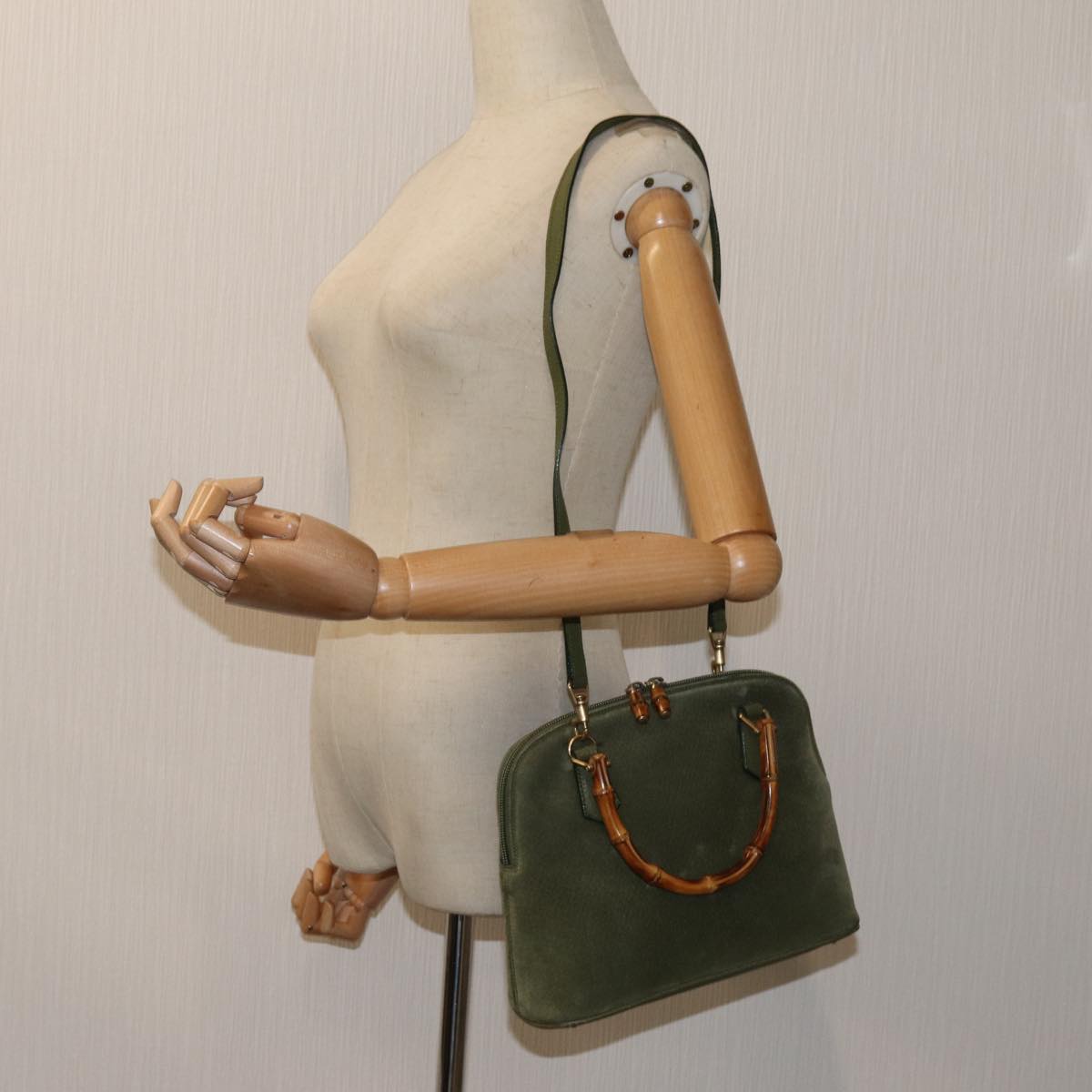 GUCCI Bamboo Hand Bag Suede 2way Green 000 1274 0290 71820