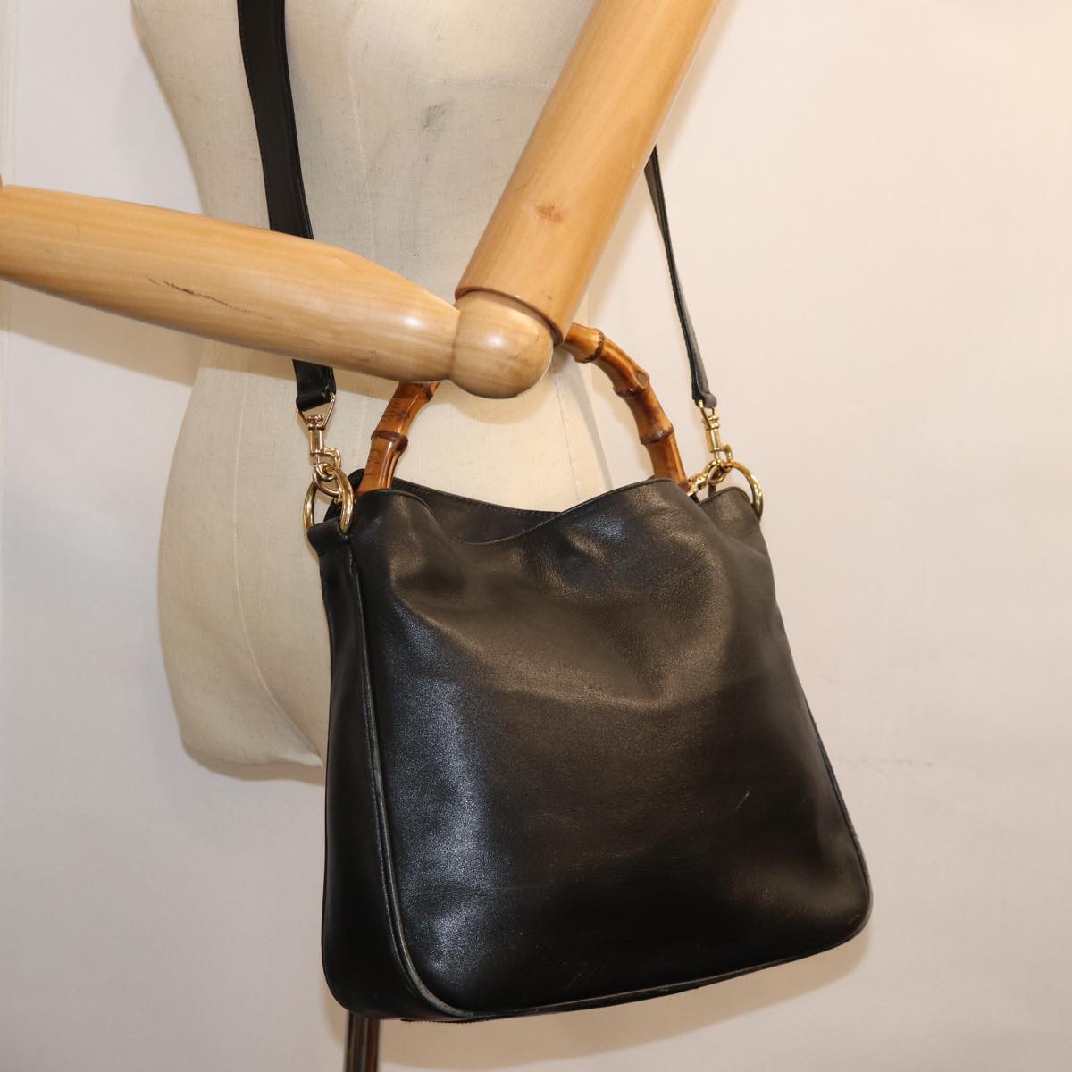 GUCCI Bamboo Shoulder Bag Leather 2way Black 001 1705 1638 71919