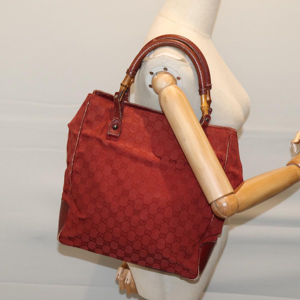 GUCCI GG Canvas Bamboo Tote Bag Red 72414