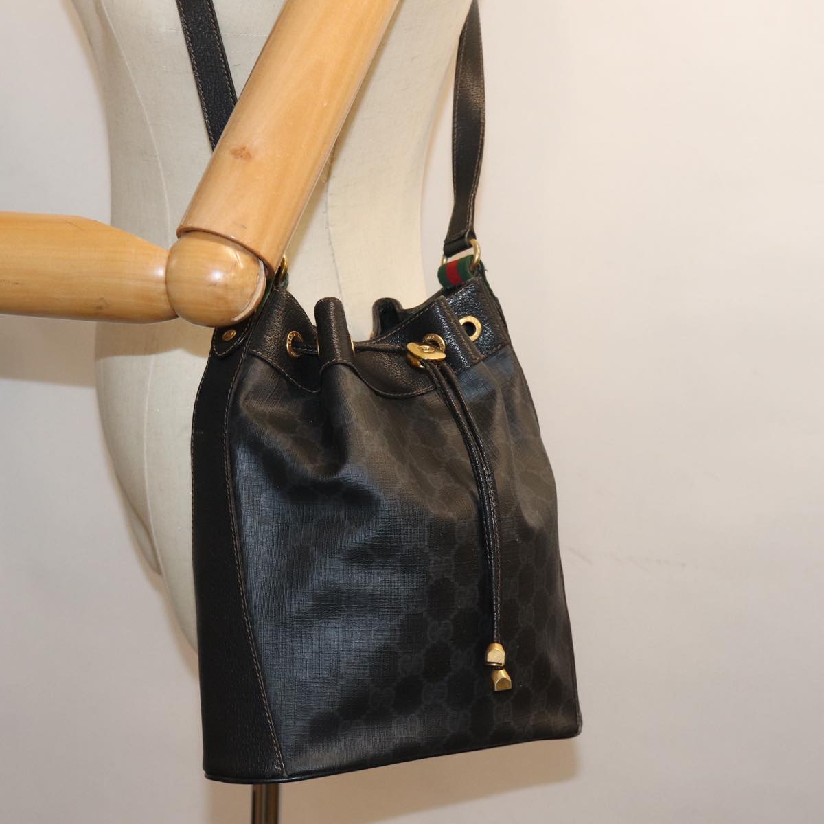 GUCCI GG Canvas Web Sherry Line Shoulder Bag PVC Black Green Red 72789