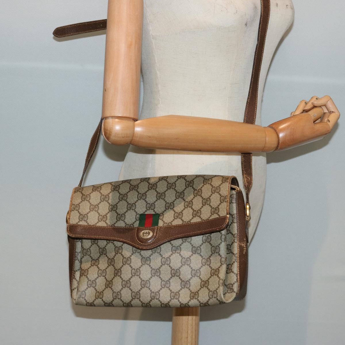 GUCCI GG Supreme Web Sherry Line Shoulder Bag PVC Beige 904 02 084 73034