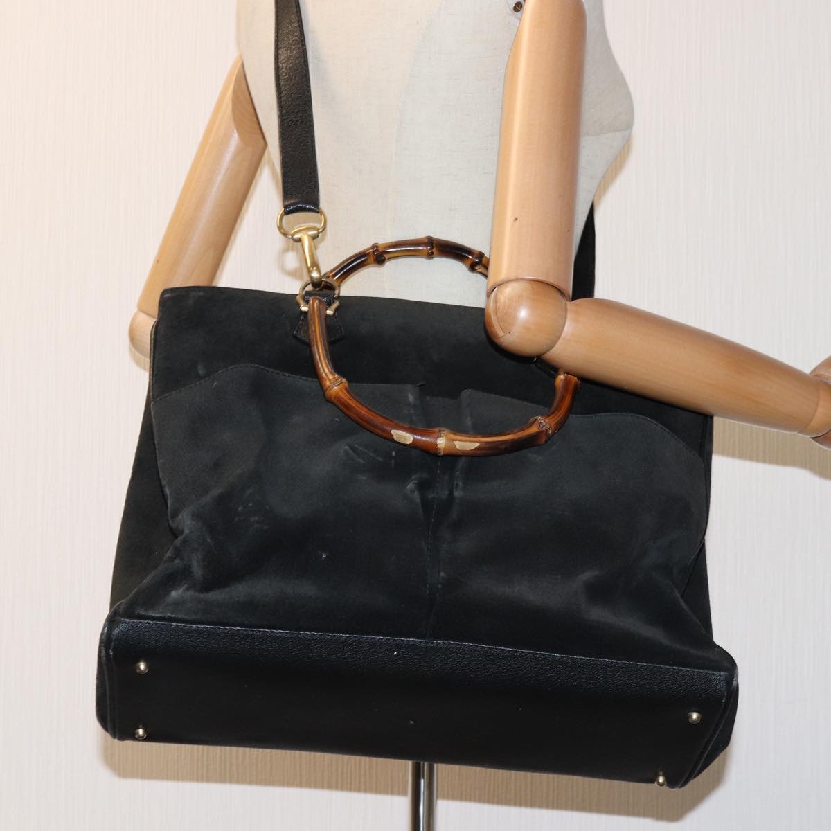 GUCCI Bamboo Hand Bag Suede 2way Black 002 123 0322 73157