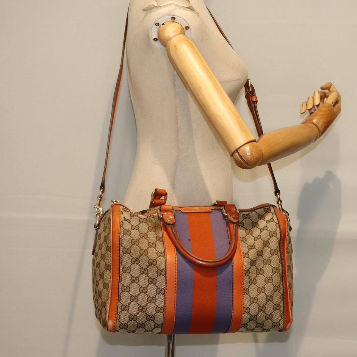 GUCCI GG Canvas Sherry Line Hand Bag 2way Beige Blue Brown 247205 73743