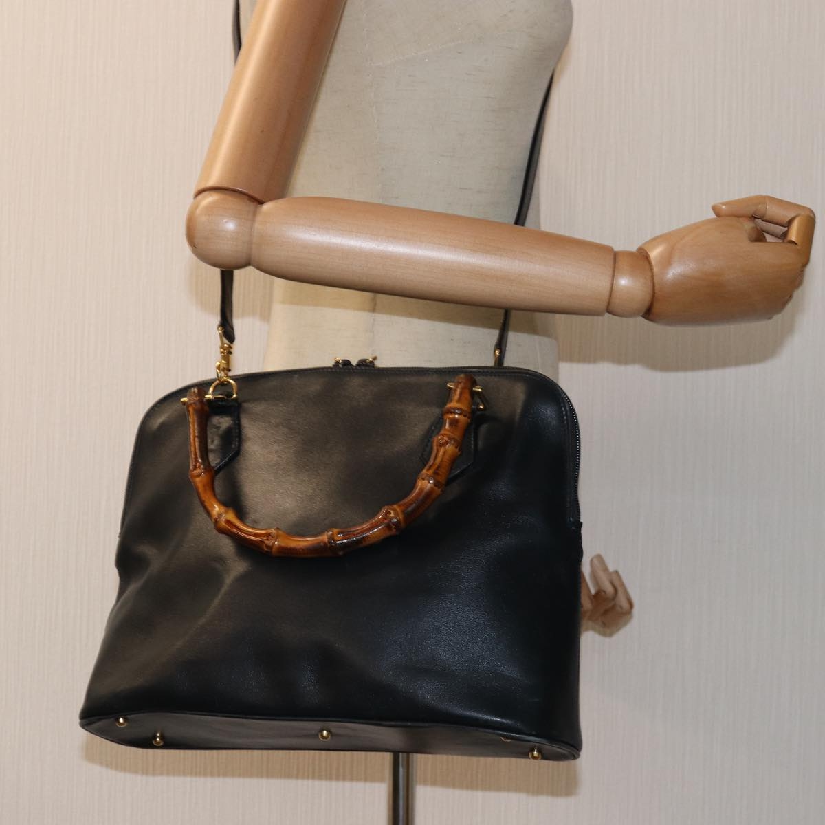 GUCCI Bamboo Hand Bag Leather 2way Navy 000 406 0289 73988