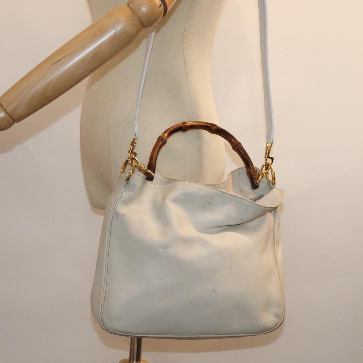 GUCCI Bamboo Shoulder Bag Leather 2way White 001 3444 1638 74231