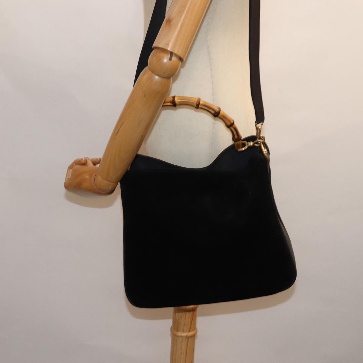 GUCCI Bamboo Shoulder Bag Suede 2way Black 001 1998 1638 74235