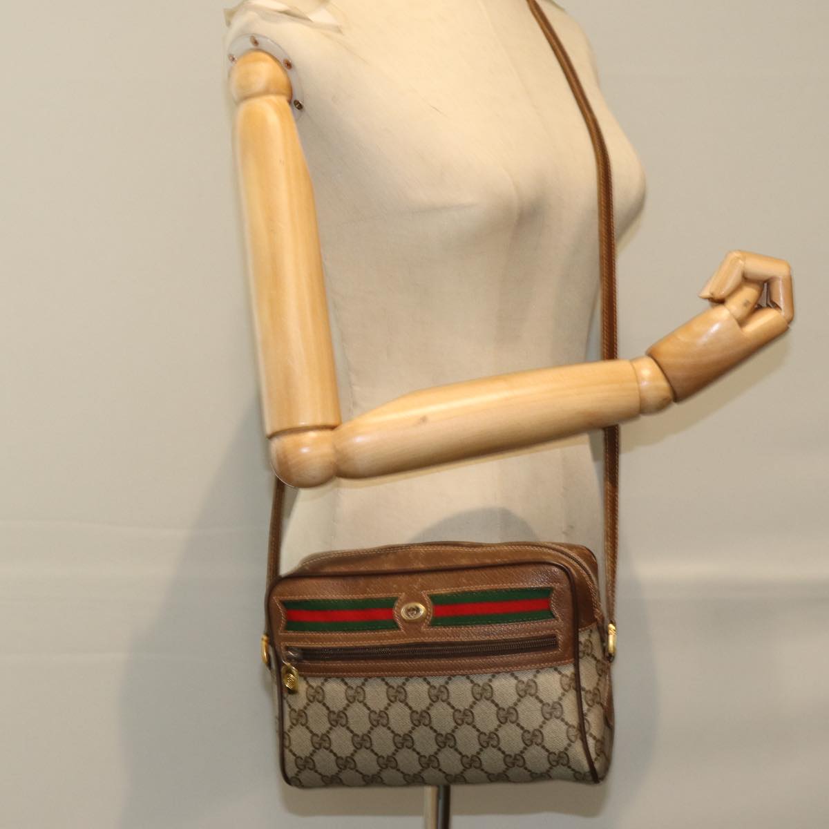 GUCCI GG Supreme Web Sherry Line Shoulder Bag PVC Beige 56 02 087 74416