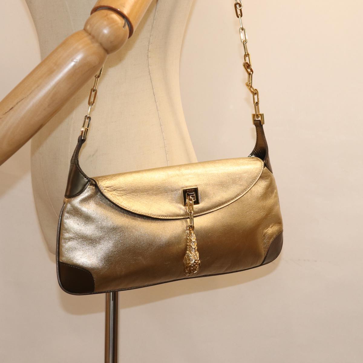 GUCCI Shoulder Bag Leather Gold 001 4113 2123 74555