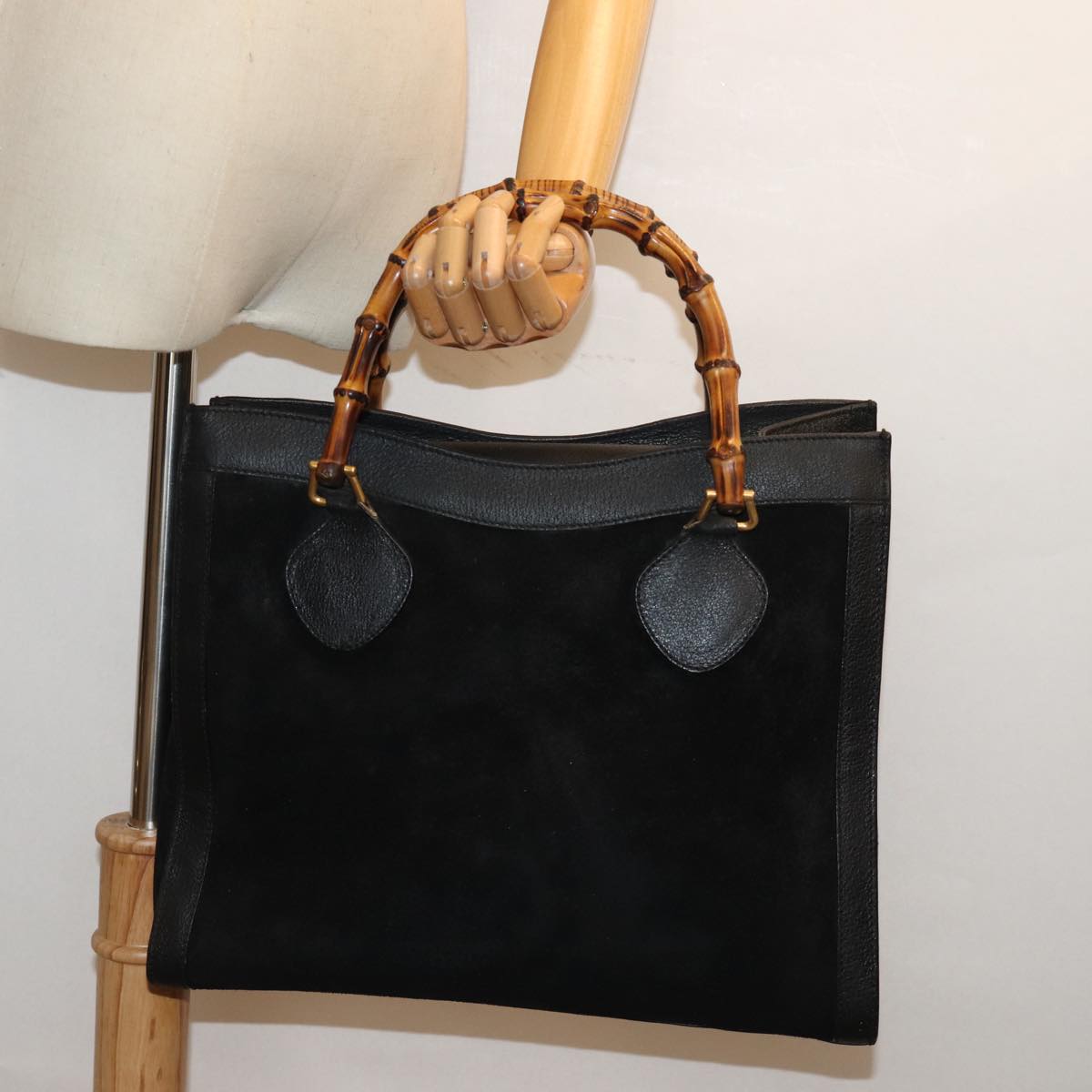 GUCCI Bamboo Tote Bag Suede Black 002 1186 0260 74664