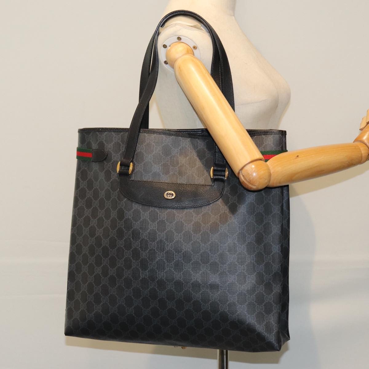GUCCI GG Supreme Web Sherry Line Tote Bag PVC Red Black 39 02 091 75316