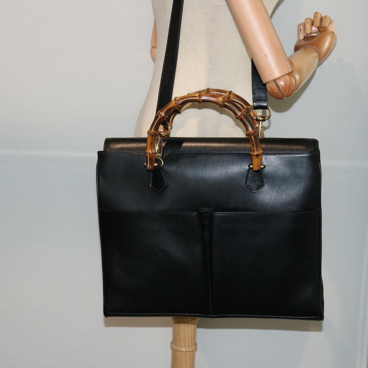 GUCCI Bamboo Tote Bag Leather 2way Black 002 2855 0322 0 75353