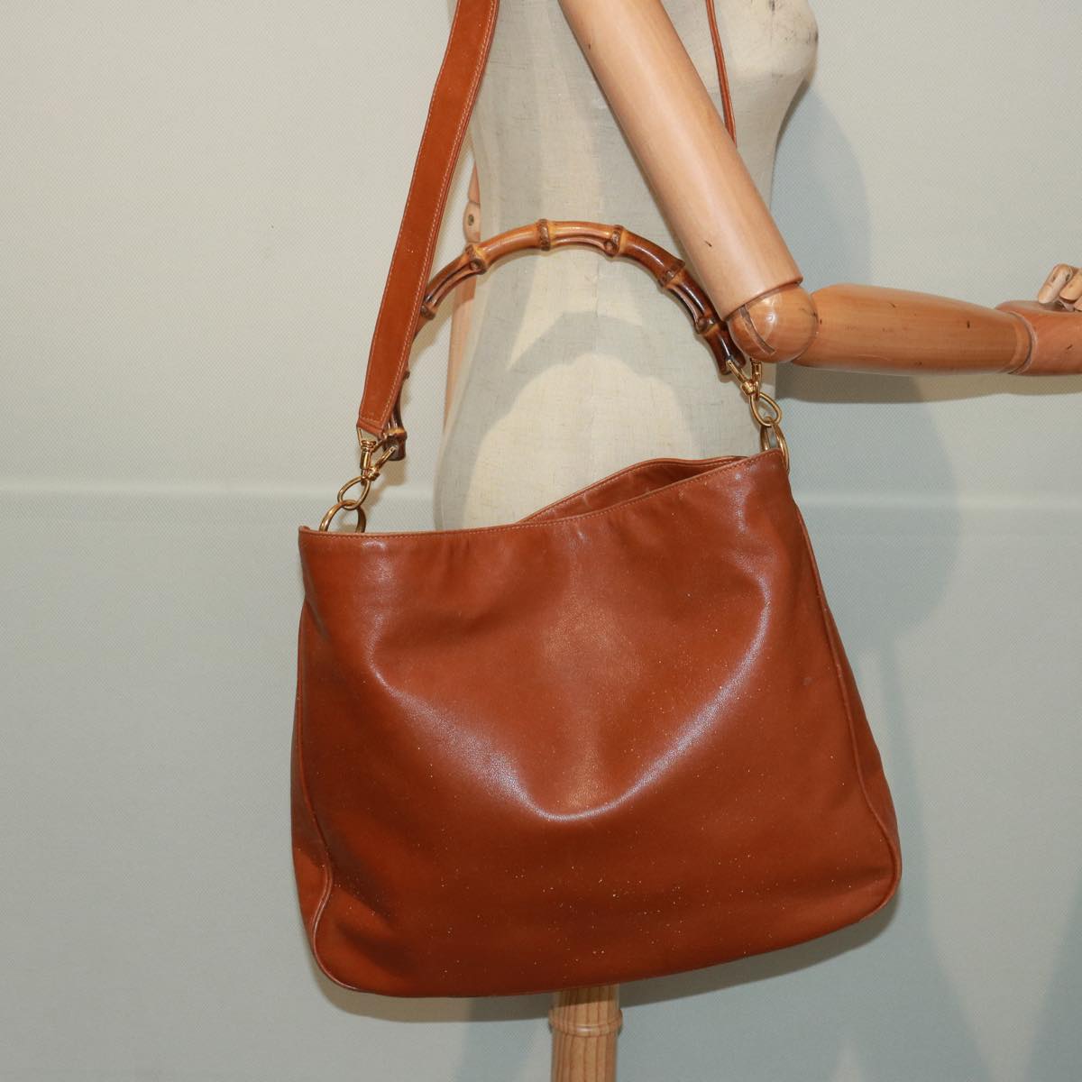 GUCCI Bamboo Shoulder Bag Leather 2way Brown 001 1014 1577 75676