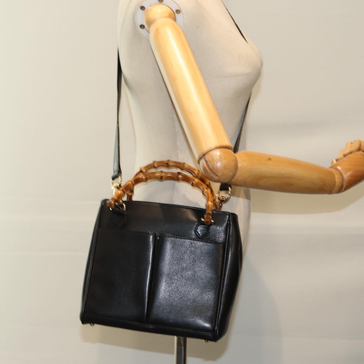 GUCCI Bamboo Hand Bag Leather 2way Black 000 2122 0316 75691
