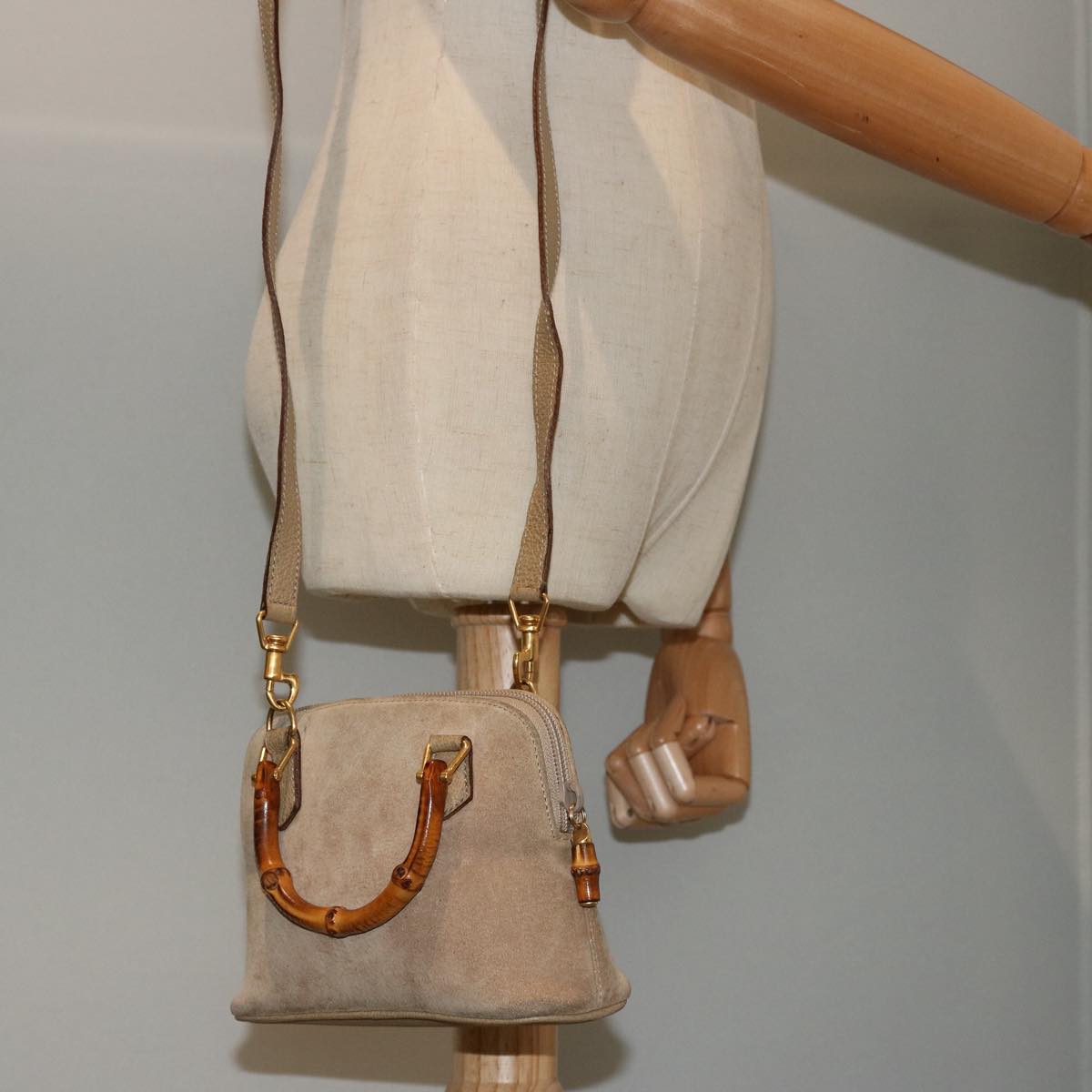 GUCCI Bamboo Hand Bag Suede 2way Beige 007 2032 0231 75795