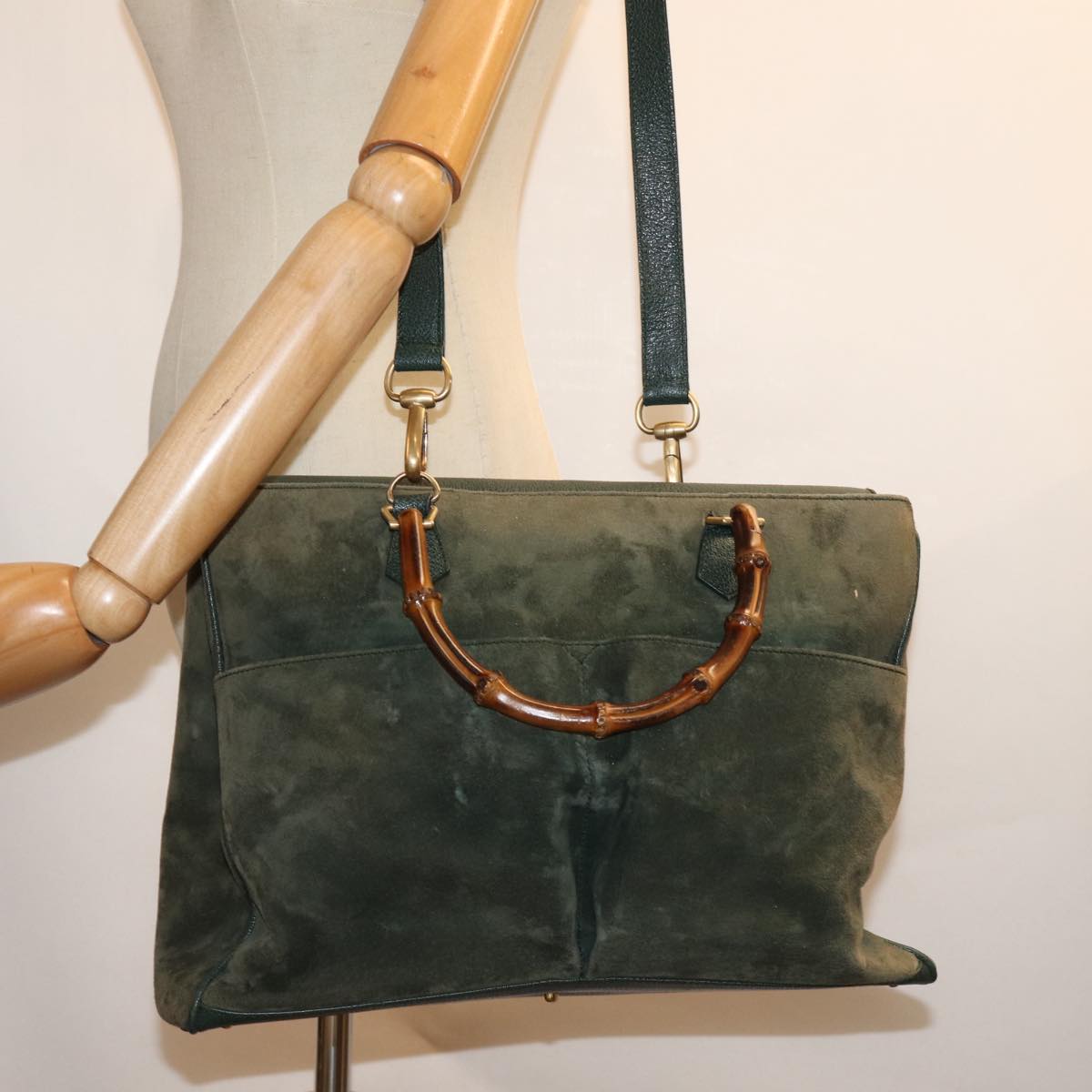 GUCCI Bamboo Tote Bag Suede Leather 2way Khaki 002 2855 0322 0 75836