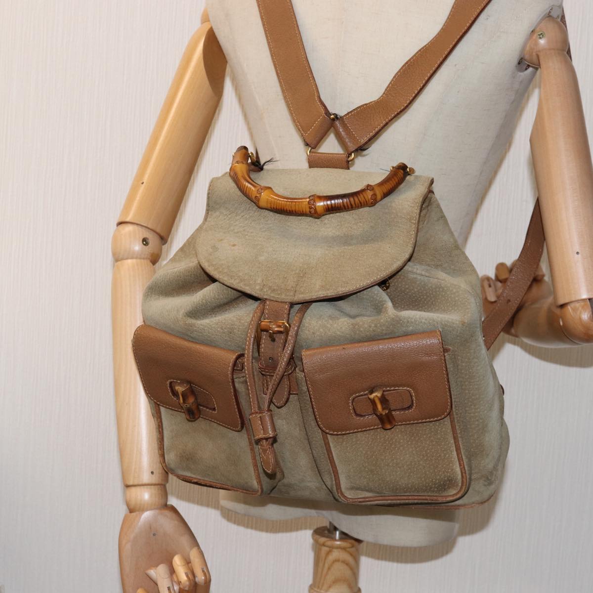 GUCCI Bamboo Backpack Suede Beige 003 2058 0016 75961