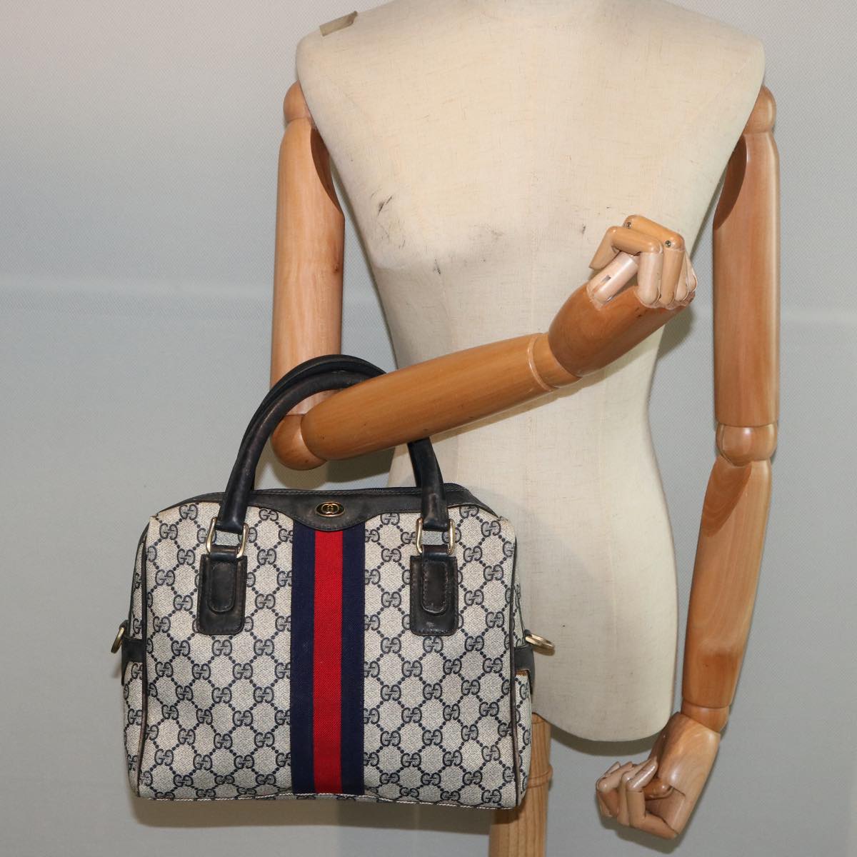GUCCI GG Supreme Sherry Line Boston Bag PVC Navy Red 37 02 3839 75966
