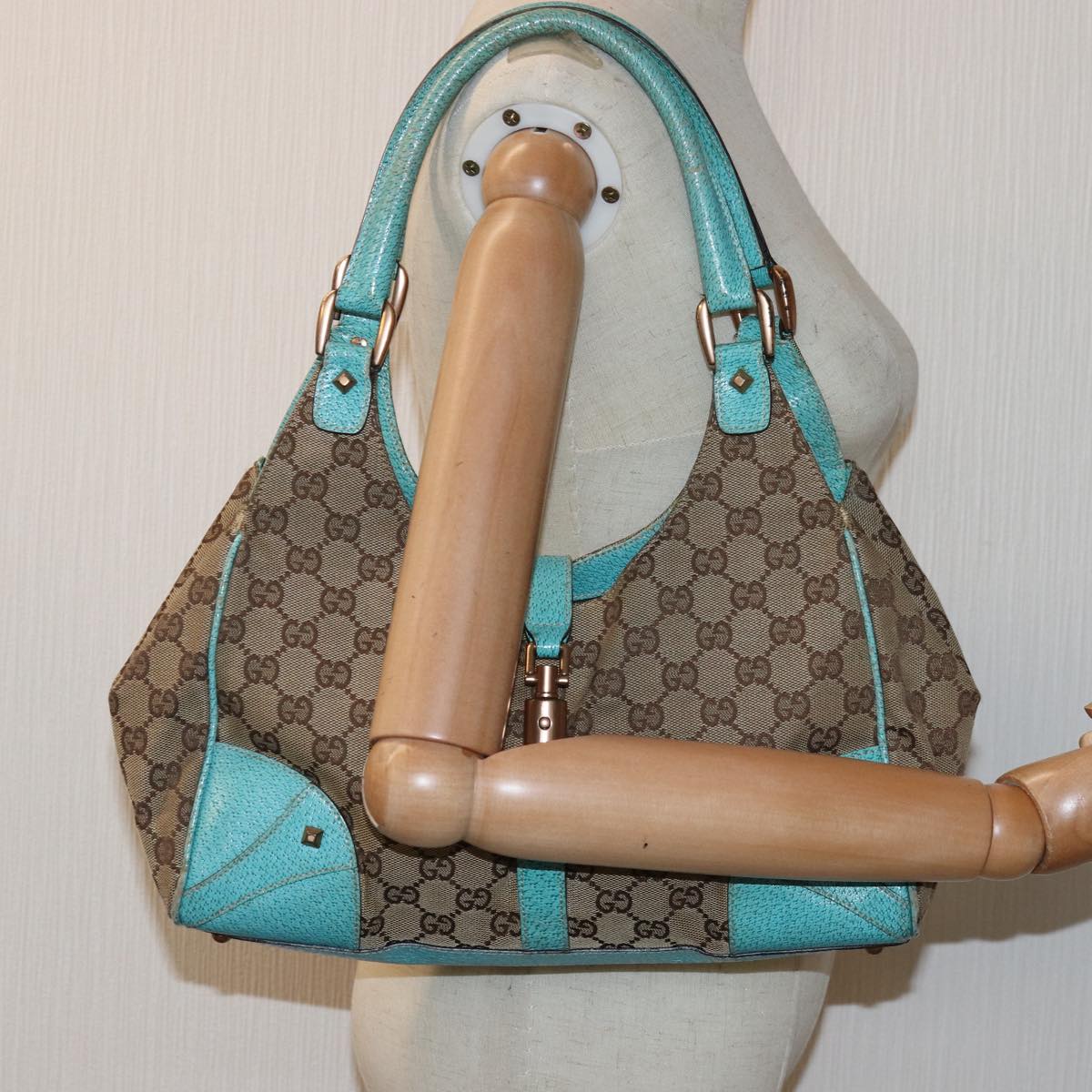 GUCCI GG Canvas Jackie Shoulder Bag Beige Light Blue 124407 75970