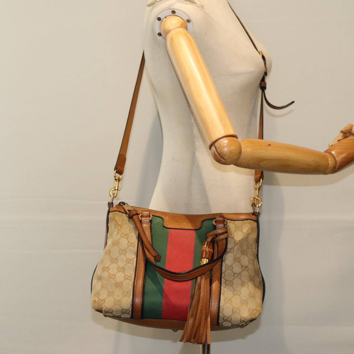 GUCCI GG Canvas Web Sherry Line Hand Bag 2way Beige Red Green 353114 75982