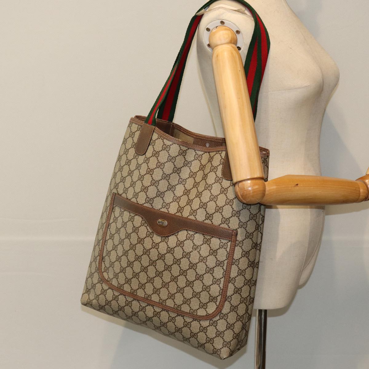 GUCCI GG Supreme Web Sherry Line Tote Bag PCVLeather Beige 39 02 003 75990