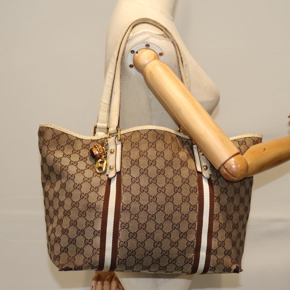 GUCCI GG Canvas Sherry Line Tote Bag Beige Brown 139260 76163