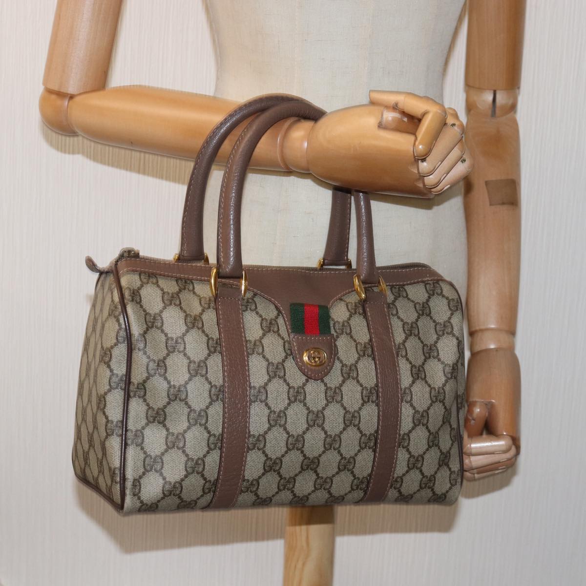 GUCCI GG Supreme Web Sherry Line Boston Bag PVC Beige 002 615 6838 76396