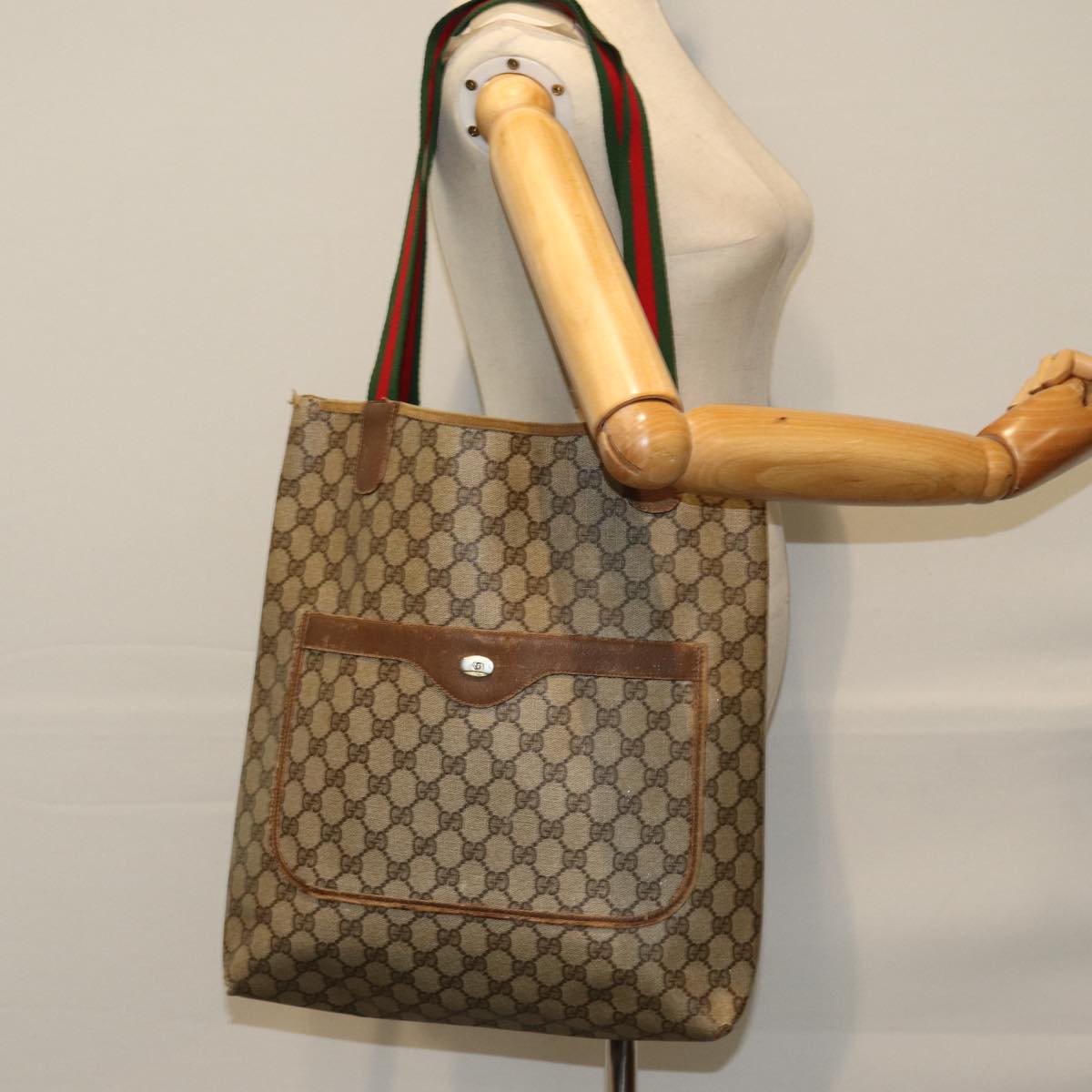 GUCCI GG Supreme Web Sherry Line Tote Bag PCVLeather Beige 39 02 003 76578