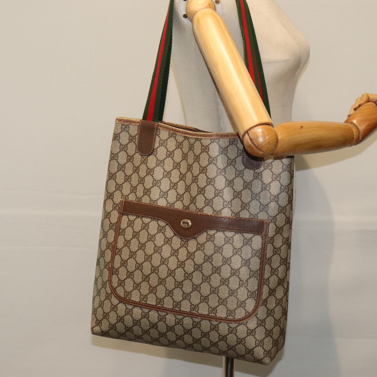 GUCCI GG Supreme Web Sherry Line Tote Bag PVC Beige Red 40 02 003 76659