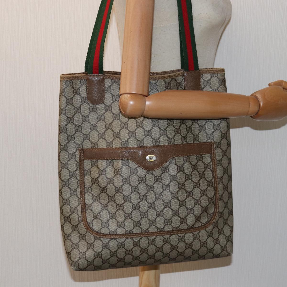 GUCCI GG Supreme Web Sherry Line Tote Bag PVC Beige Red 39 02 003 77025