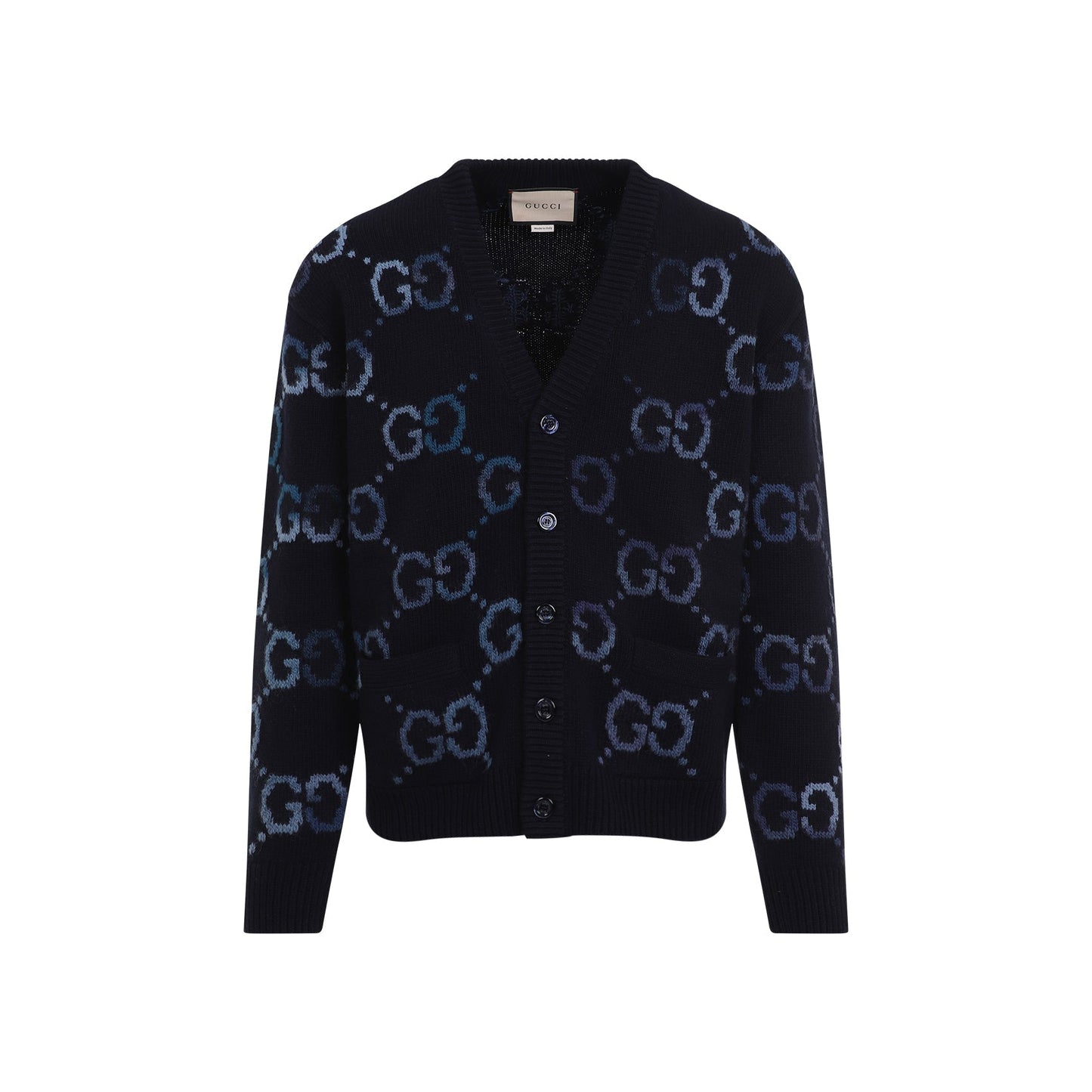 GUCCI Men's Grey Wool Cardigan with All-Over GG Intarsia