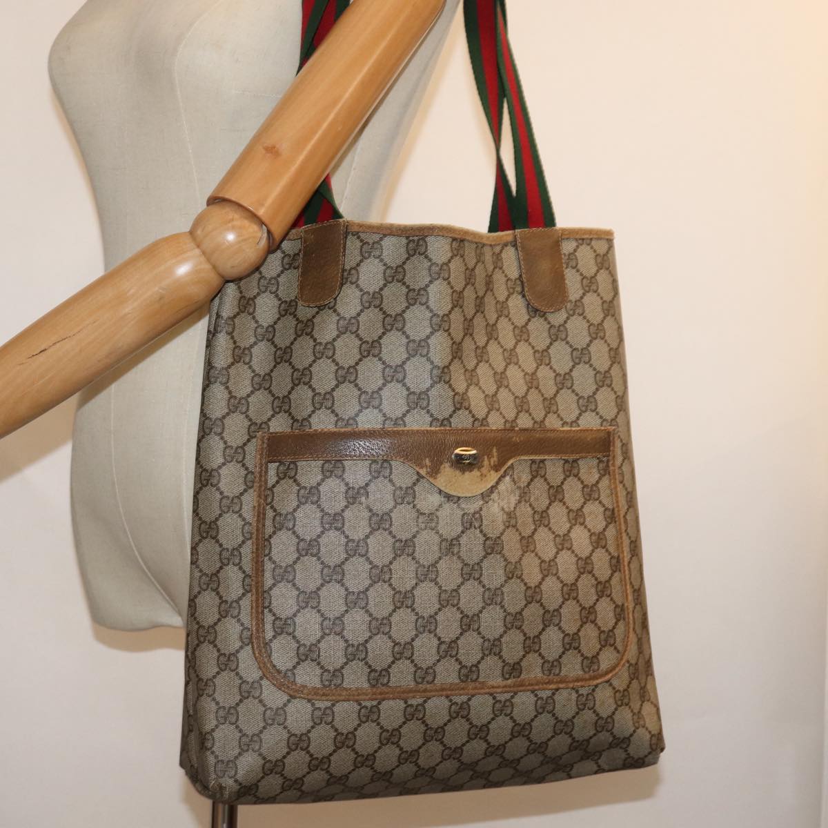 GUCCI GG Supreme Web Sherry Line Tote Bag PVC Beige Red 39 02 003 77093