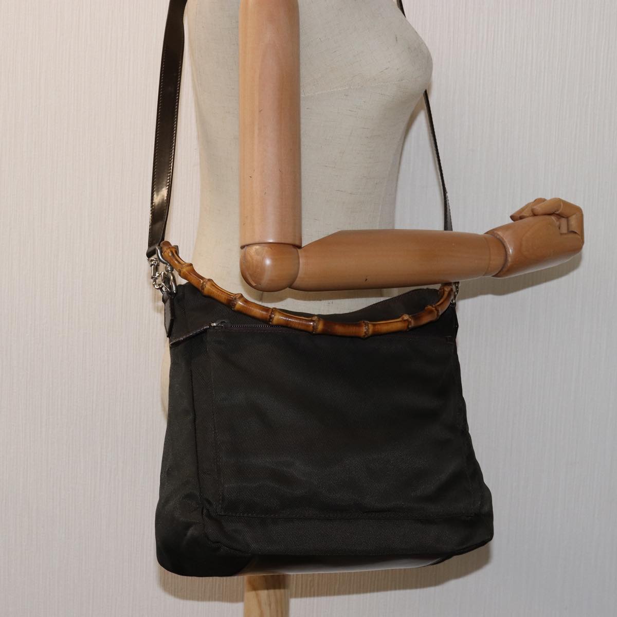 GUCCI Bamboo Hand Bag Nylon 2way Khaki 000 2404 0509 77366