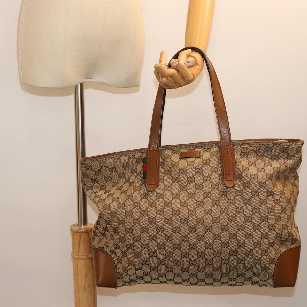 GUCCI GG Canvas Web Sherry Line Tote Bag Beige Red Green 308928 77492