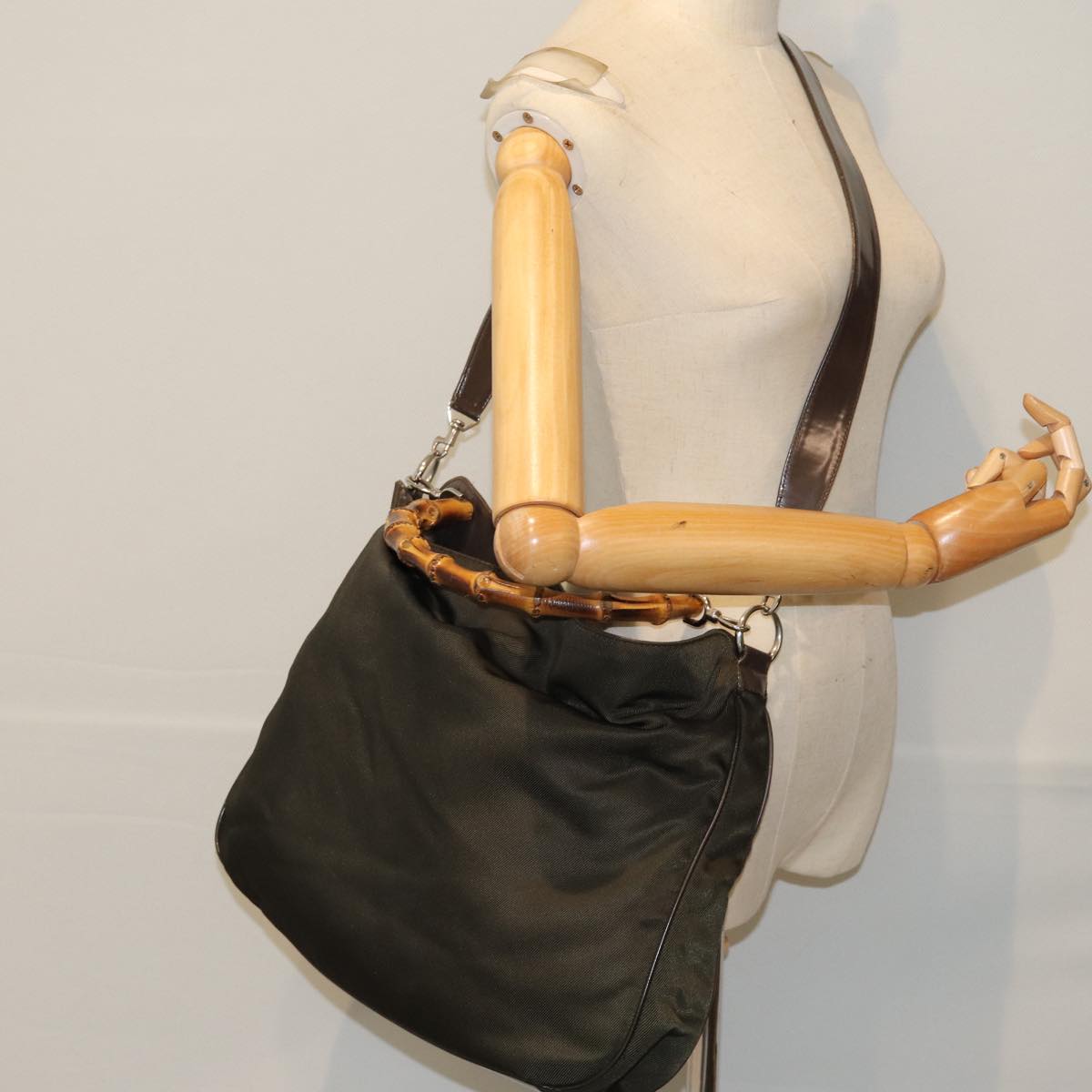 GUCCI Bamboo Shoulder Bag Nylon 2way Khaki 001 2404 1577 77677