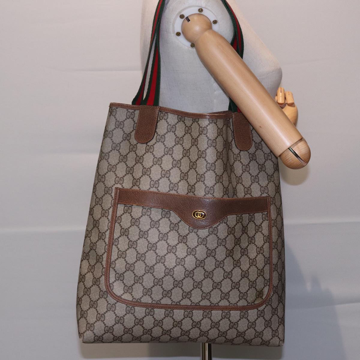 GUCCI GG Supreme Web Sherry Line Tote Bag PVC Beige Red 378 02 003 77830