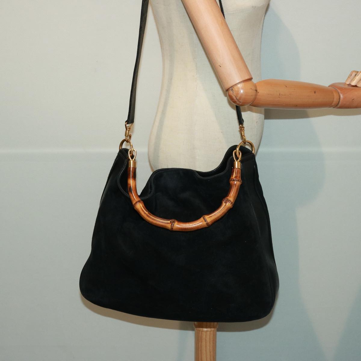 GUCCI Bamboo Shoulder Bag Leather Suede 2way Black 001 1014 1577 78086