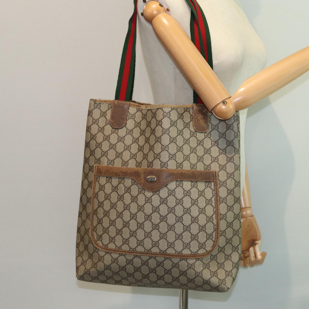 GUCCI GG Supreme Web Sherry Line Tote Bag PVC Beige Red 39 02 003 78095