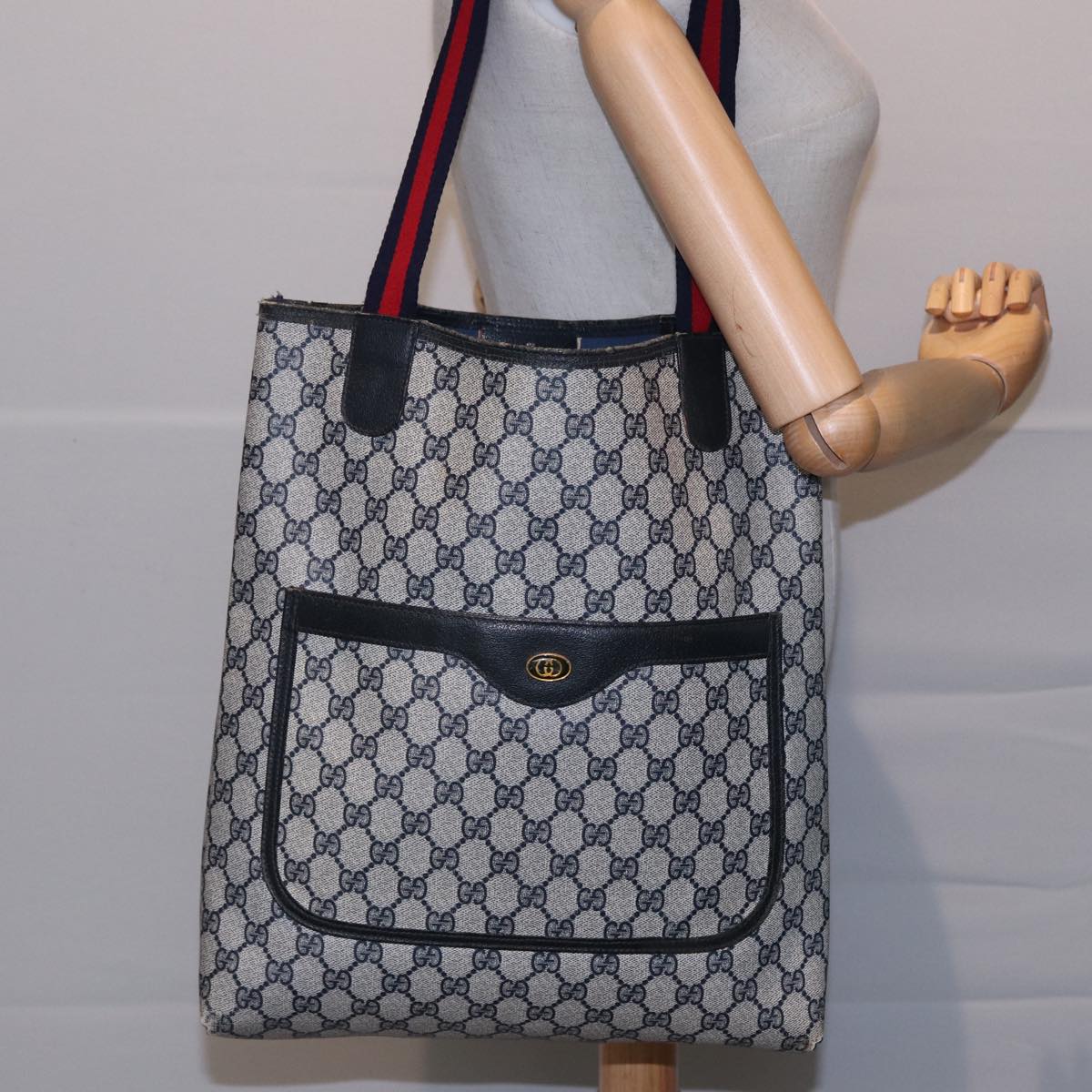 GUCCI GG Supreme Sherry Line Tote Bag PVC Leather Navy Red 39 02 003 78244