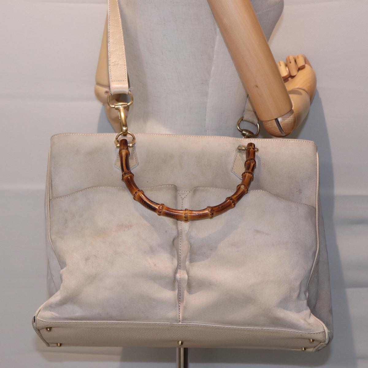 GUCCI Bamboo Tote Bag Suede 2way Beige 002 2855 0322 0 78245