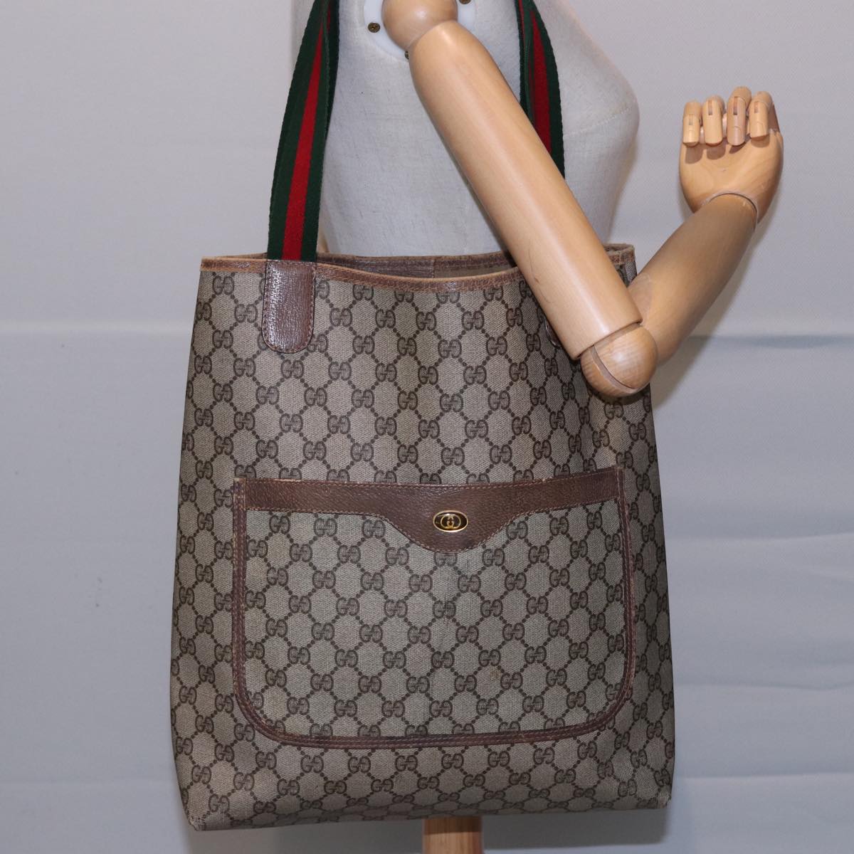 GUCCI GG Supreme Web Sherry Line Tote Bag PVC Beige Red 39 02 003 78340