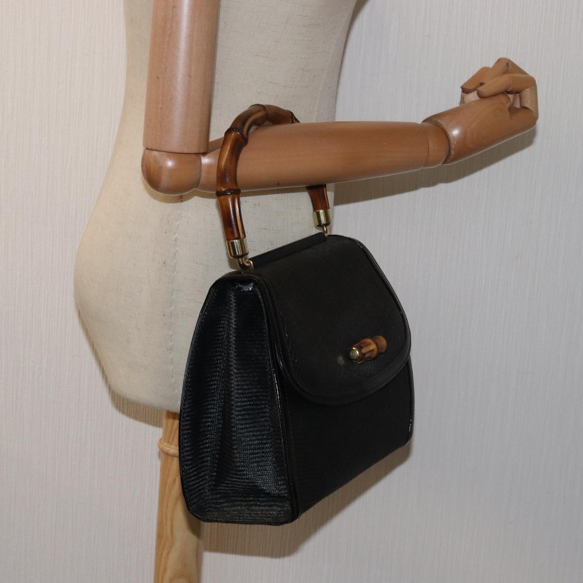 GUCCI Bamboo Hand Bag Straw Gray Black 000 46 0266 78429