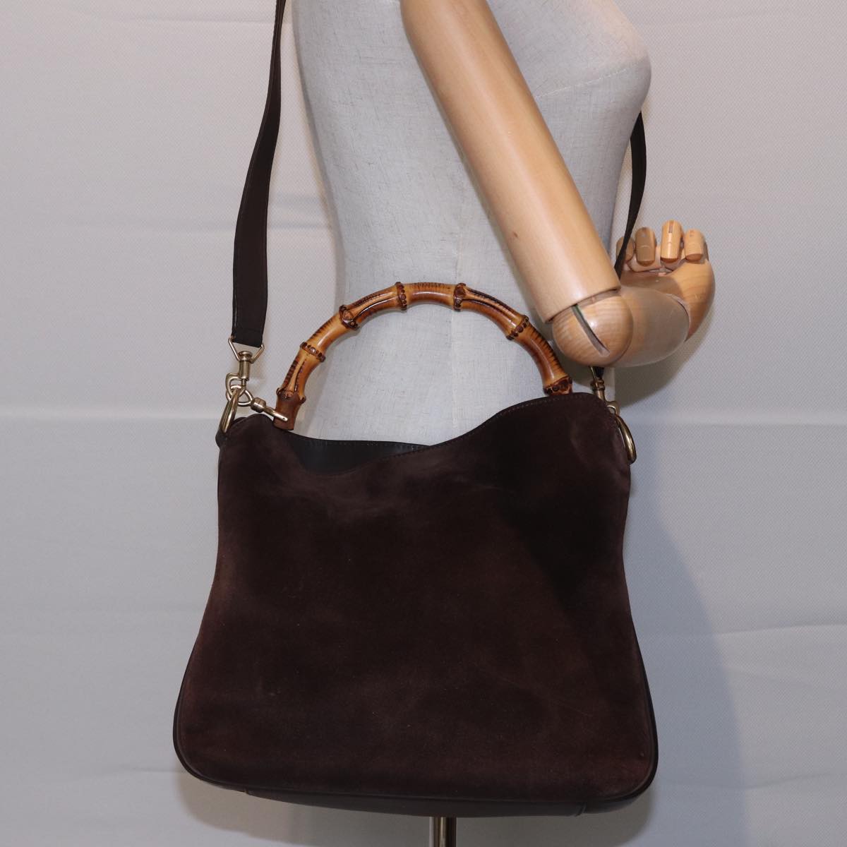 GUCCI Bamboo Hand Bag Suede 2way Brown 001 2404 1638 78789