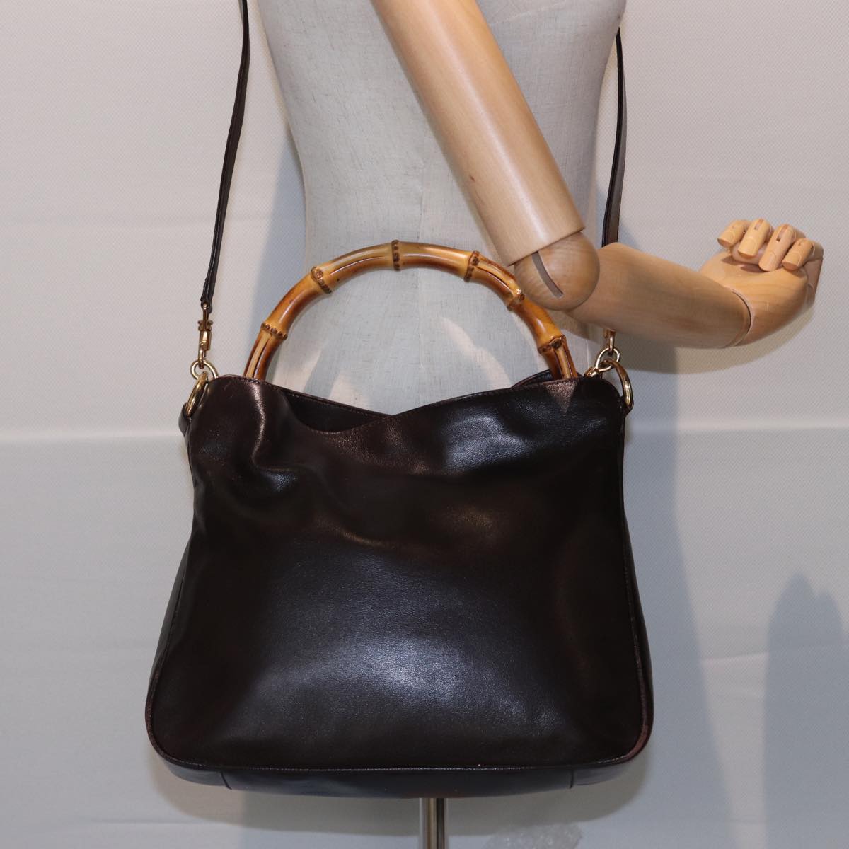 GUCCI Bamboo Hand Bag Leather 2way Brown 001 1705 1638 79613