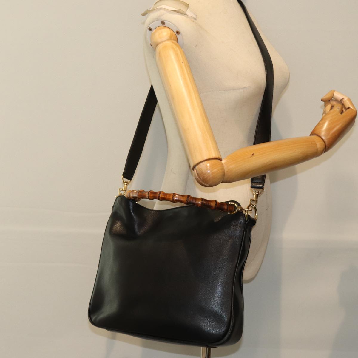 GUCCI Bamboo Hand Bag Leather 2way Black 001 1638 79644