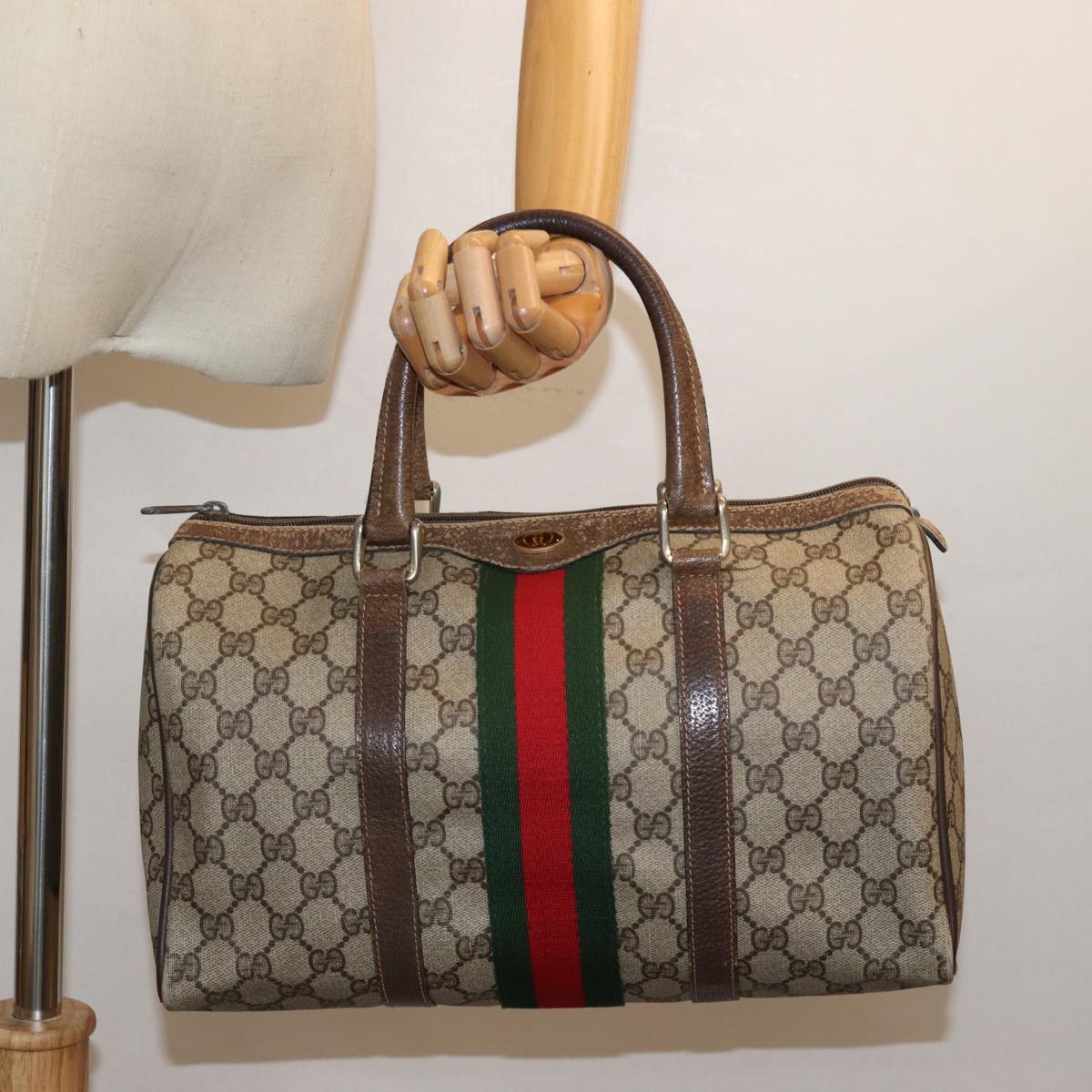 GUCCI GG Supreme Web Sherry Line Boston Bag PVC Beige Red 40 02 007 79749