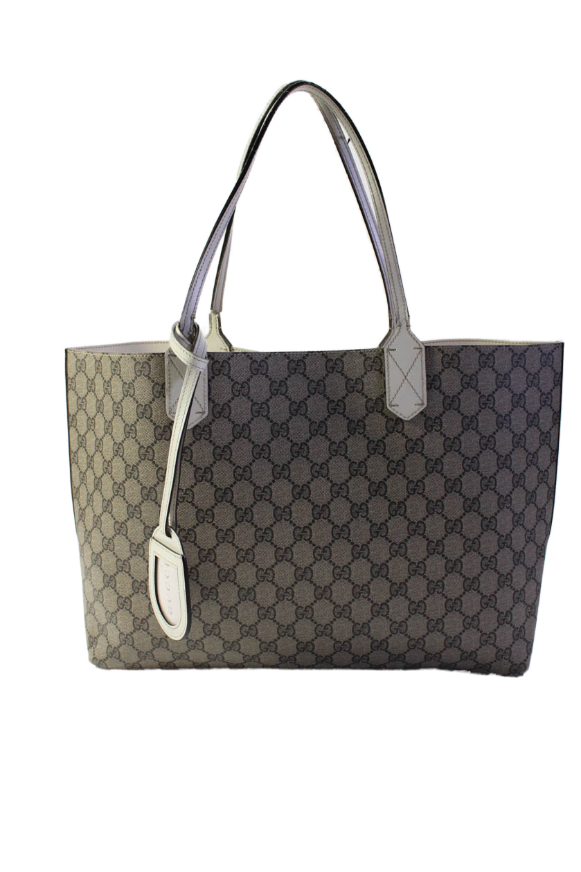 Gucci Womens Monogram Supreme Canvas Leather Trim Tote Bag Brown