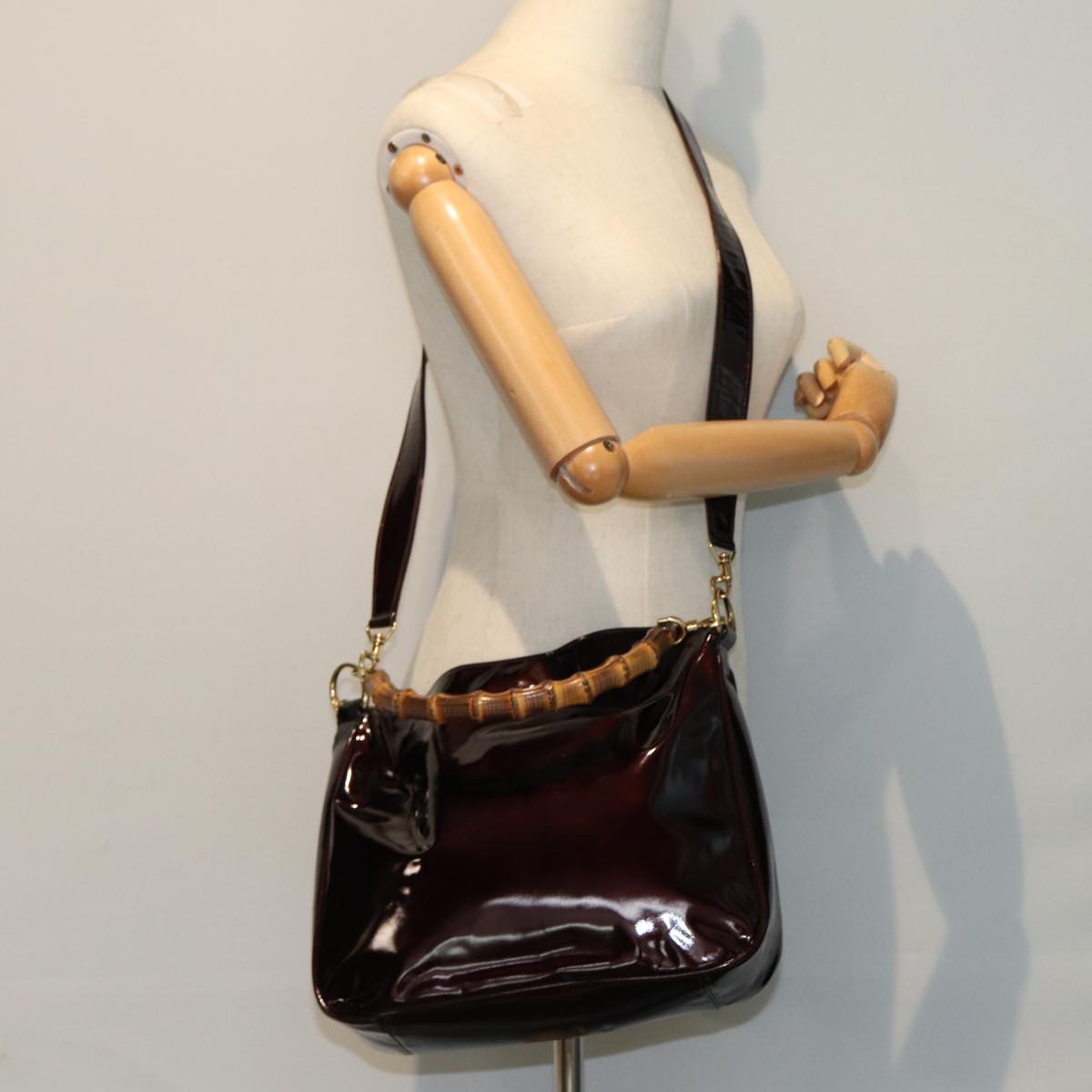 GUCCI Bamboo Shoulder Bag Enamel 2way Brown 001 1705 1638 80127
