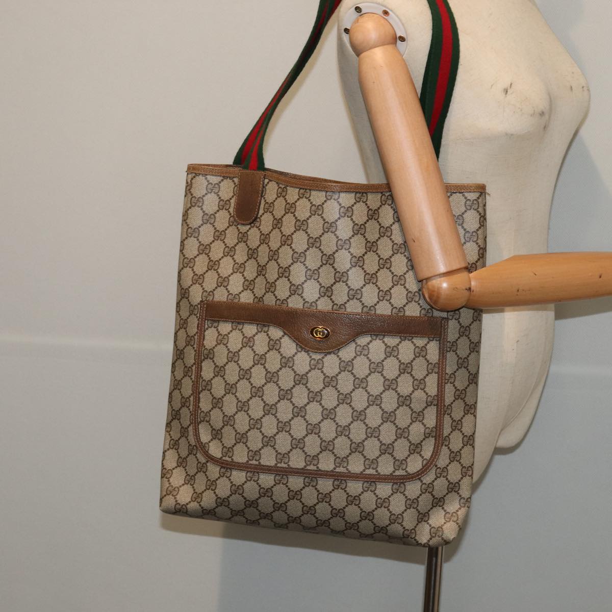 GUCCI GG Supreme Web Sherry Line Tote Bag PVC Beige Red 39 02 003 80138