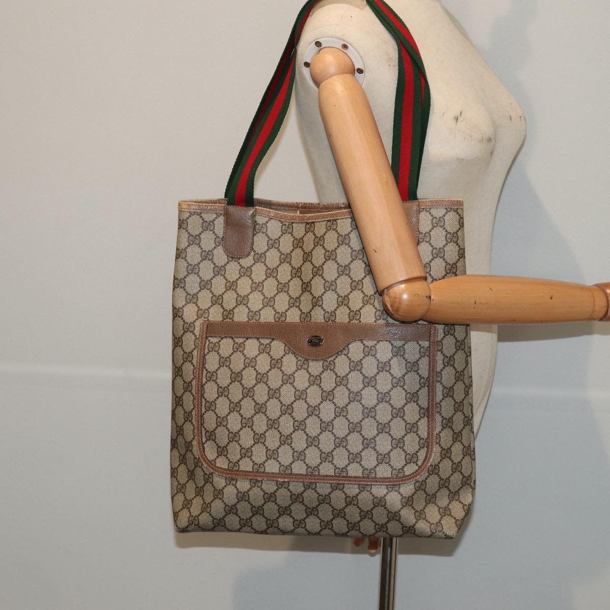 GUCCI GG Supreme Web Sherry Line Tote Bag PVC Beige Red 39 02 003 80139